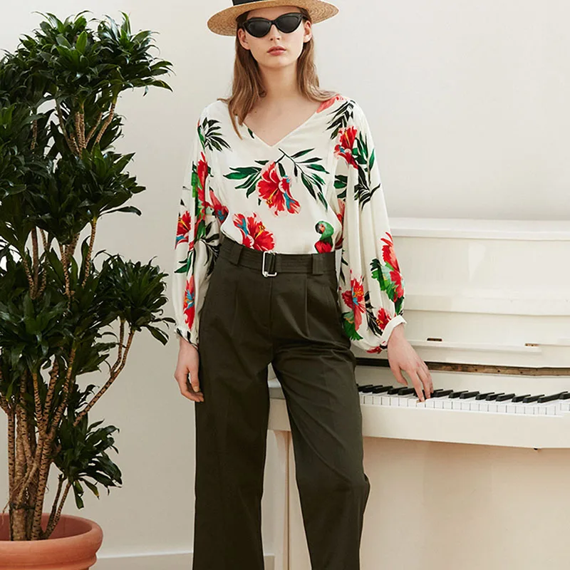 

2019 Autumn New European and American Holiday Style Simple V Collar Loose Flower Print Lantern Sleeve Shirt Can Be Customized