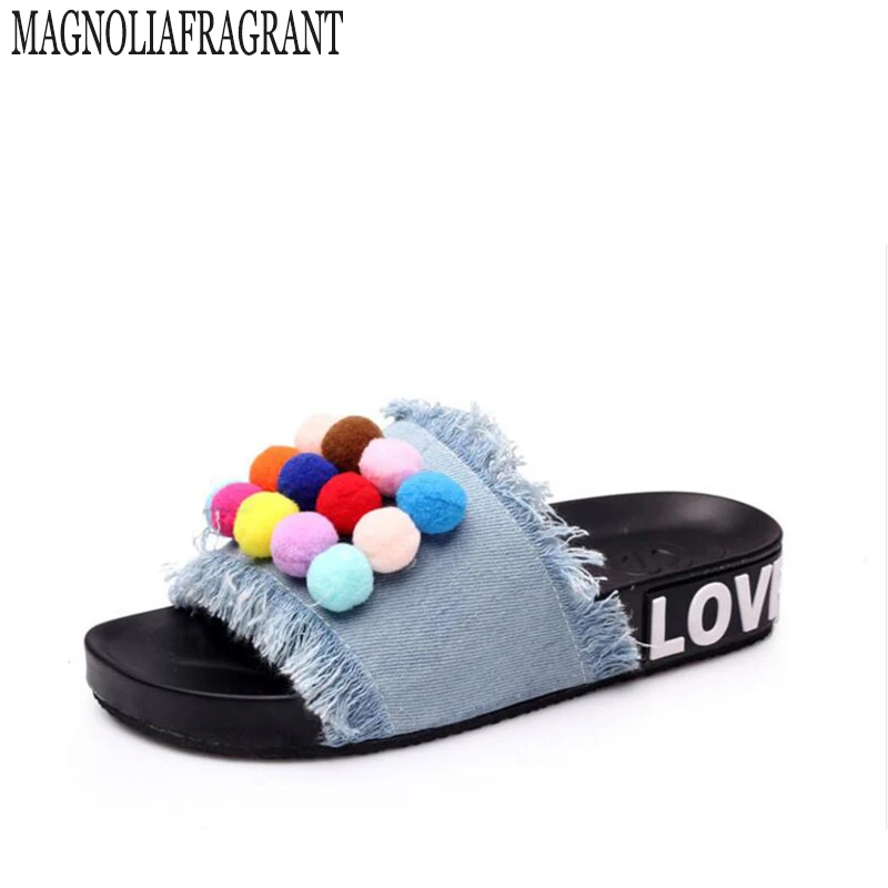 Помпоном сандалии 2017 летние женские шлепанцы обувь с кисточками маленькими