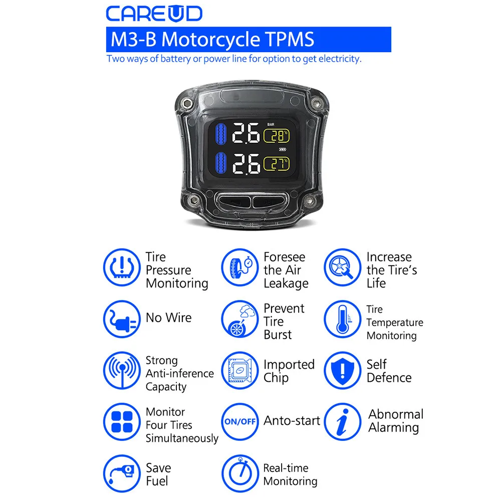 Горячая водонепроницаемый молниеносный беспроводной мотоцикл TPMS для двухколесного мотоцикла зарядки J20