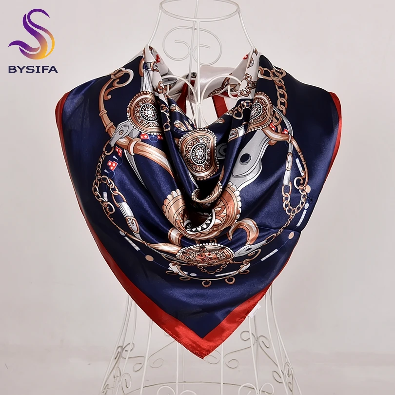 

[BYSIFA] Navy Blue Scarves 2018 New Brand Chain Large Square Silk Scarves Foulard Autumn Winter Ladies Hijabs Silk Scarf Shawl