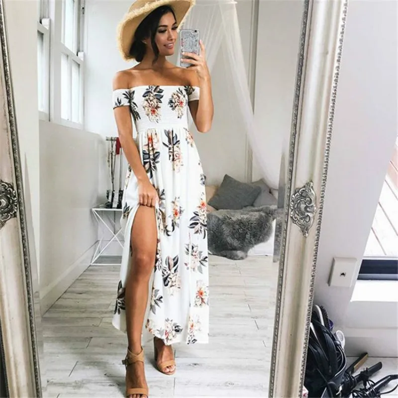 Платье с разрезом через плечи свободные летние платья принтом костюм Famale Vestidos