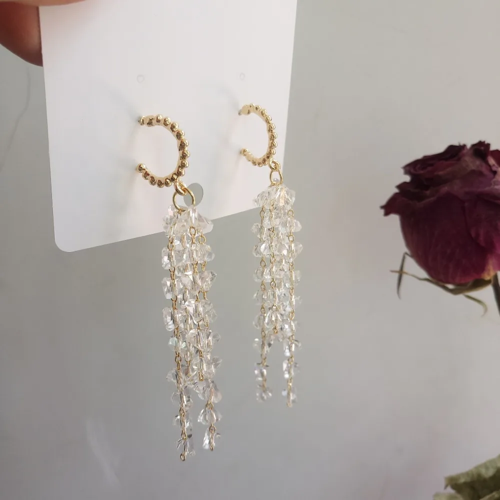 AOMU Personality Fashion Metal Circle Semicircular Irregular Crystal Tassel Loop Hoop Earrings for Women Gifts Wedding Jewelry