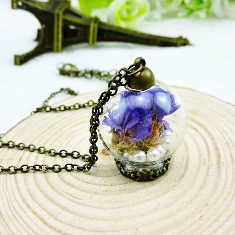 glass ball purple dried flowers necklace fashion handmade dome pendant jewelry women's favorite flower pearl |