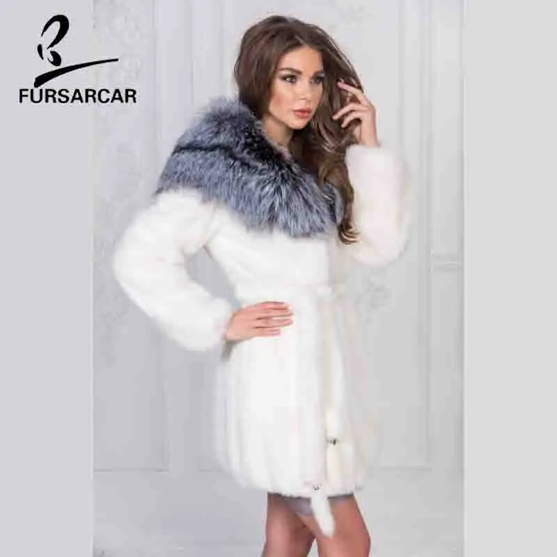 FURSARCAR Роскошные Полные кожаные настоящие фотообои с капюшоном из лисьего меха