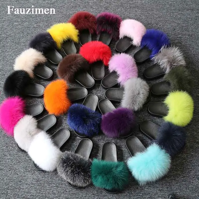 New Real Fox Fur Slippers Women Home Fluffy Sliders Plush Furry Summer Flats Cut Ladies Shoes Large Hot Selling | Обувь