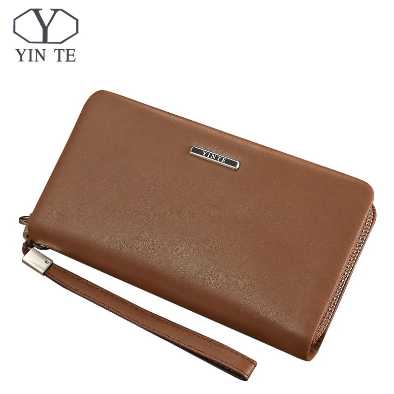 YINTE 2018 Leather Vintage Solid Clutch Bag Phone Cases Brand Mens Wallet Double Zipper Genuine Leather Bag C1611-3A
