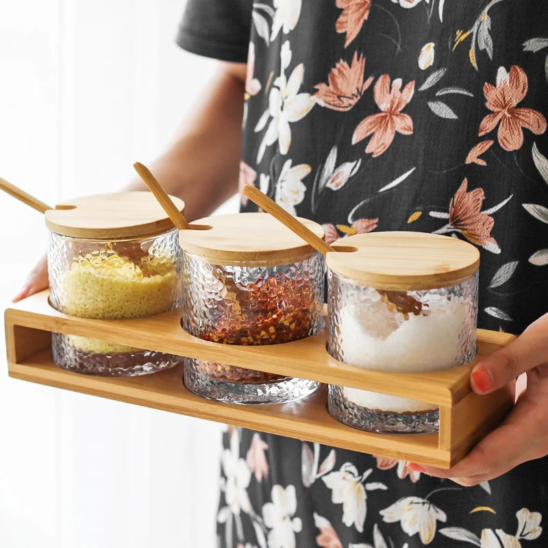 Японская стеклянная деревянная крышка приправа в горшке набор коробок для