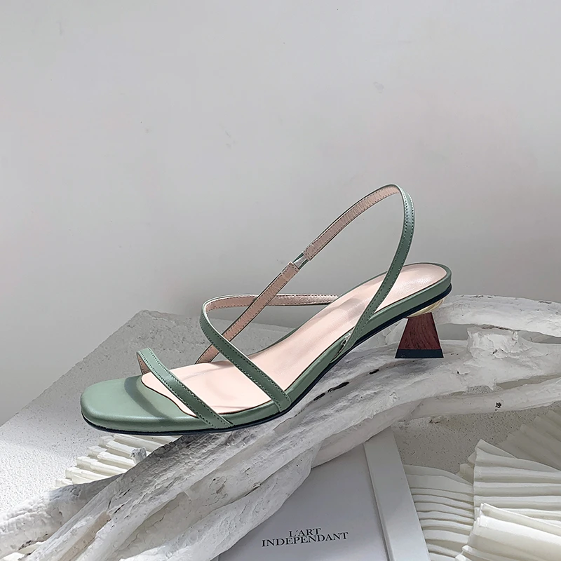 ISNOM Strange Style Sandals Women Cow Leather Summer High Heels Shoes Female Party Concise Ladies 2019 New Green | Обувь