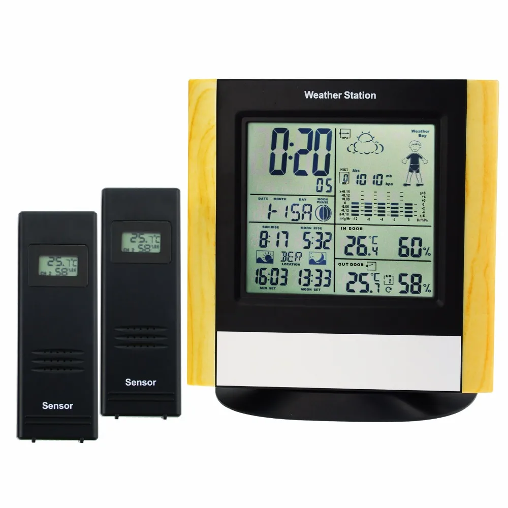 

Weather Station 2 Wireless Sensors, WWVB DCF Radio Controlled Clock Thermometer, Indoor Outdoor Humidity Temperature Forecast