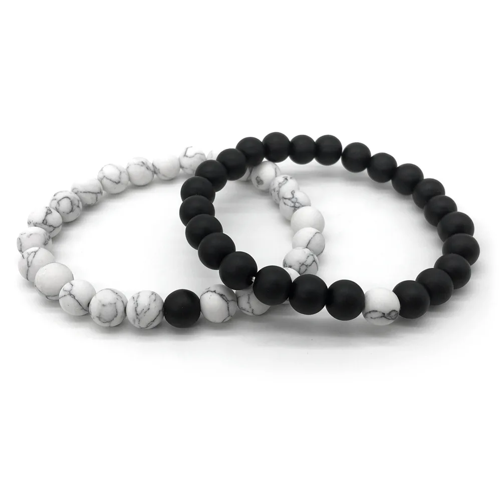 Natural Stone Beads Bracelets White Pine Round Bead Yoga Elasticity Black Scrub Yin Yang for women &amp men jewelry | Украшения и