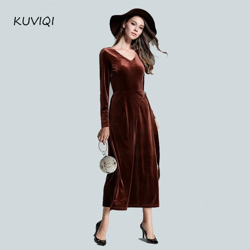 Europe and the United States high-end new V-neck long-sleeved Slim was thin velvet long dress female | Женская одежда