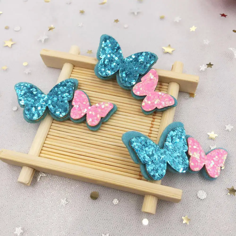 blue New 10pcs 28*54mm Glitter Felt Butterfly Applique for Clothe Sewing Supplie DIY Patches A23 - Цвет: blue