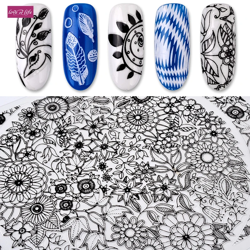

1 Sheet Black Adhesive Flowers Nail Stickers Feather Peacock Popular Designs Nail Art Decals DIY Manicure Accessories