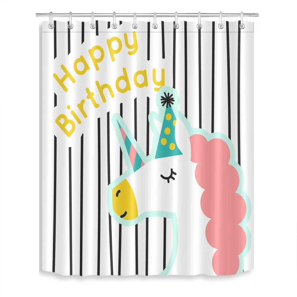 72'' Happy Birthday Unicorn Black White Stripe Bathroom Waterproof Fabric Shower Curtain Polyester 12 Hooks Bath Accessory Sets | Дом и