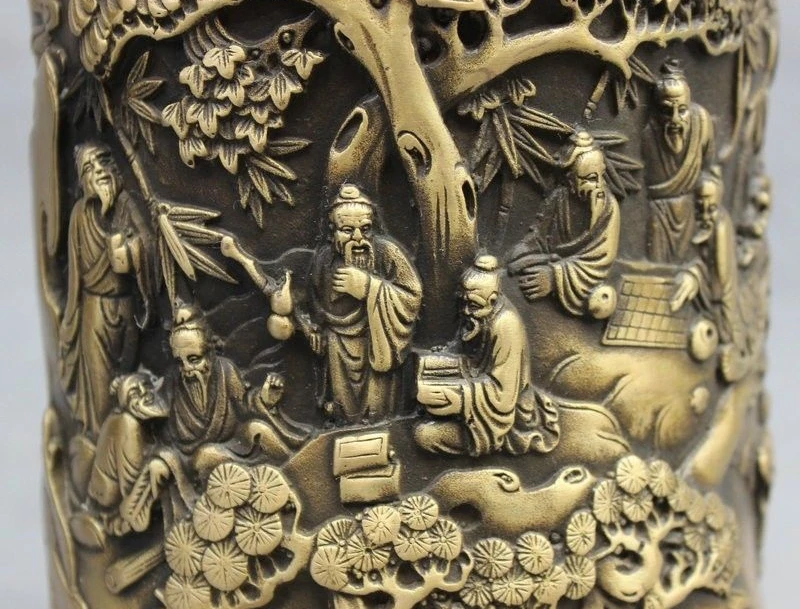 Chinese Bronze Pine Tree Old Man Play Chess Statue Brush Pot Barrel Pencil Vase 8.06 | Дом и сад