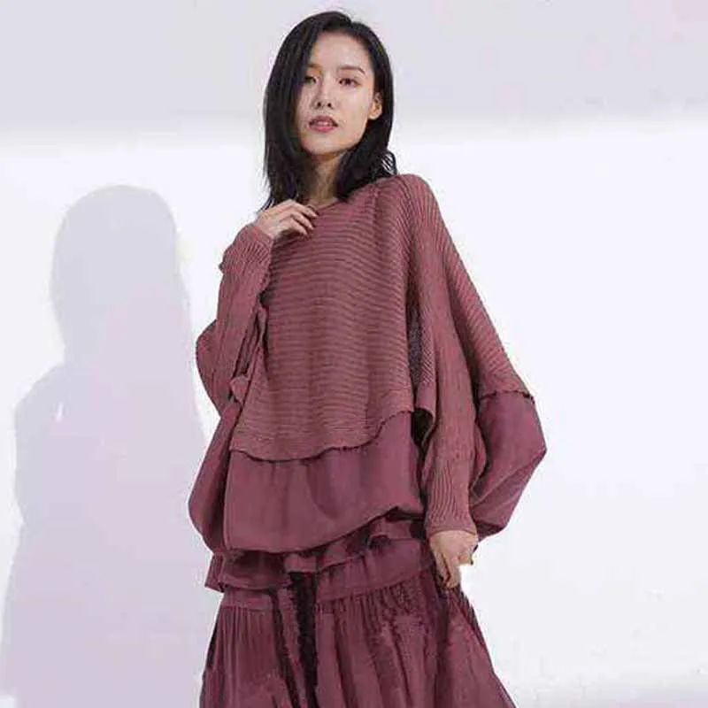 New --2019 female new spring plus size solid color personality irregular thin literary knit top+harem pants loose two piece set enlarge