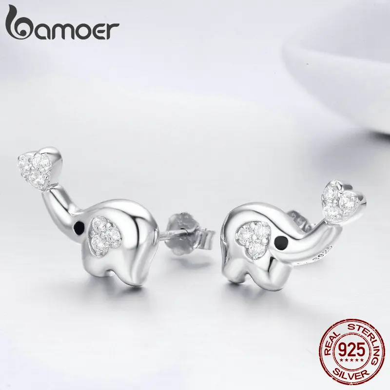 BAMOER, Настоящее серебро 925 пробы, животные, Маленький слон, серьги с прозрачными фианитами для женщин, Стерлинговое Серебро, ювелирное изделие, подарок SCE379