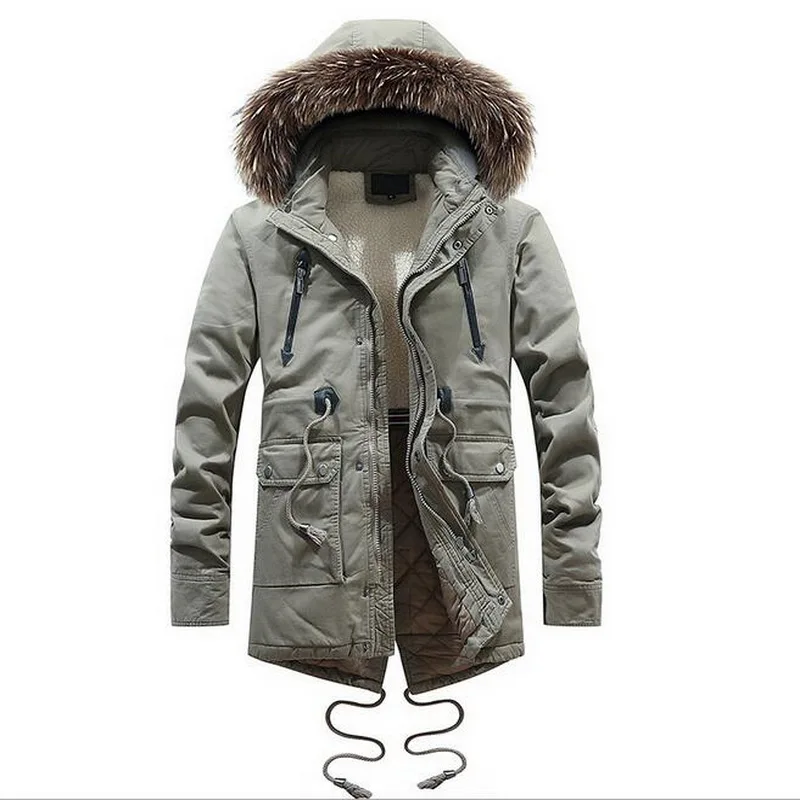 Men Irregular Hem Drawstring Fur Collar Coat Men Brand Fleece Fur Collar Military Parkas Warm Outwear