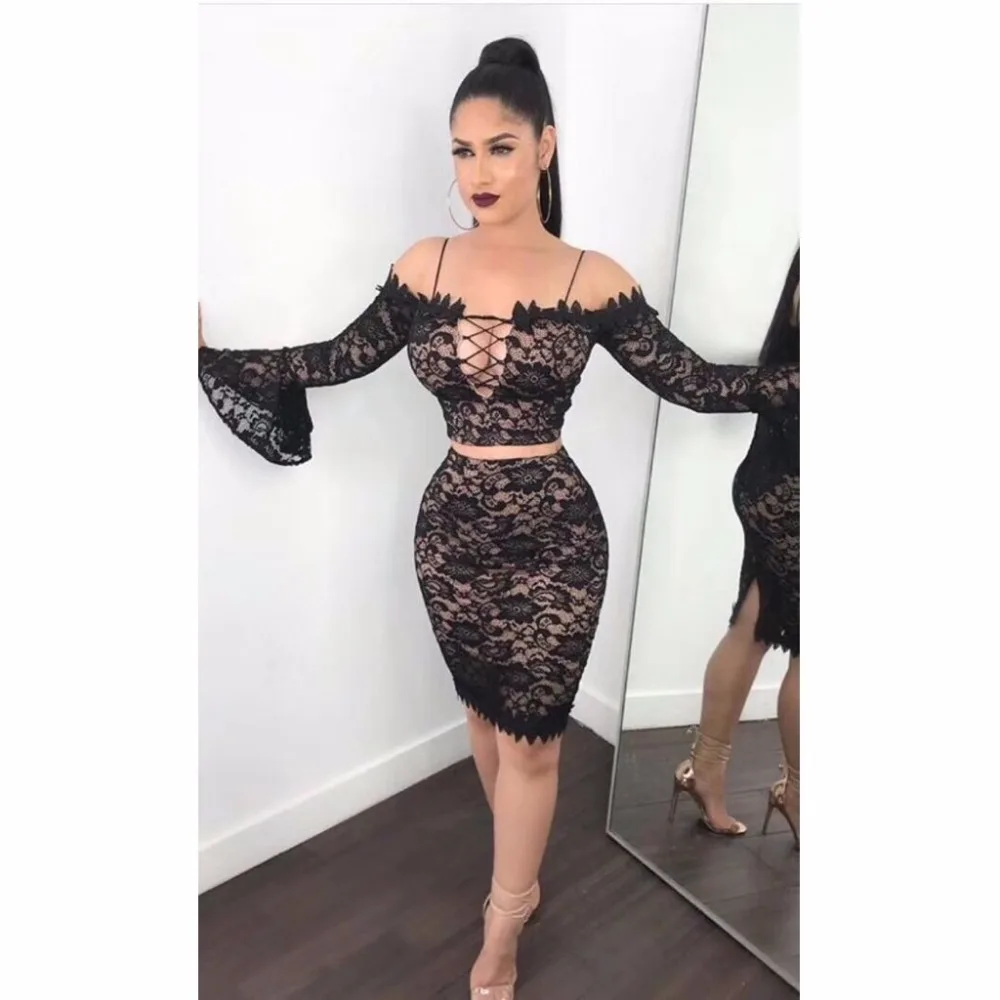 

New Black Mesh Lace Sexy Long Fare Sleeve Mini Wholesale Celebrity Bandage 2 Pieces Set Bodycon Night Party Club Dress W-30