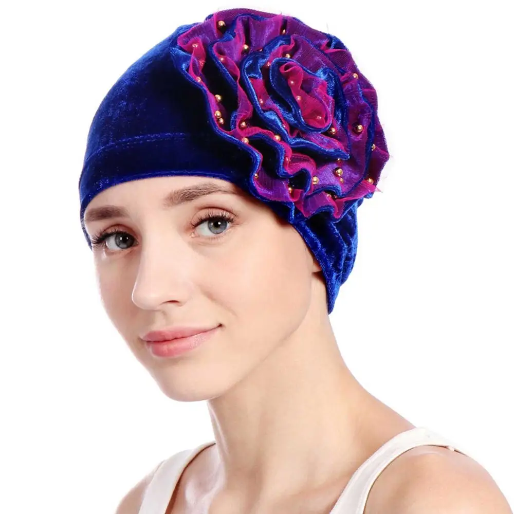 WELROG новая чалма шляпа Индия шапка мусульманские шляпы кепка chemo сетчатая шляпка с цветком шапочка для женщин осень имитация жемчуга выпадение волос шляпа - Цвет: Синий