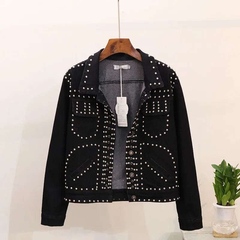 2018 Autumn New Fashion Women's Punk Rivet Jeans Short Coat Lapel Long Sleeve Denim Jackets Casual Loose Outwear manteau femme | Женская