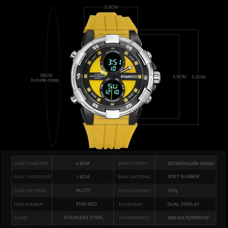 

BOAMIGO Men Watches Sports Digital Watches LED Display Rubber Strap Wristwatches 30m Water Resistant Date Week Yellow Gift Clock