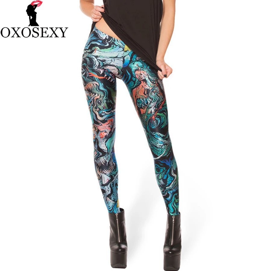 Легинсы с высокой талией эластичные принтом Русалочки женские для фитнеса 196|leggins