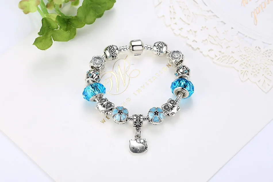Модный 925 серебряный милый детский браслет с кошкой hello kitty для женщин, детей, девочек, браслет с хрустальными бусинами и ювелирные изделия на запястье