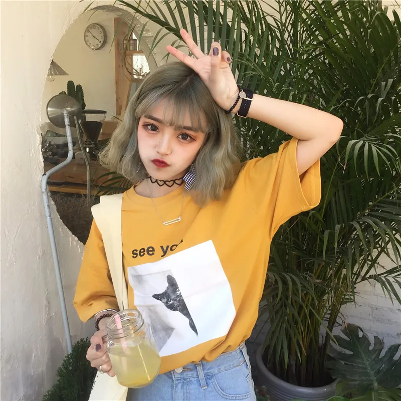 Женская свободная футболка Harajuku летняя Корейская с милым мультяшным рисунком