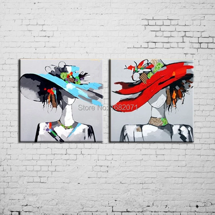 Free Ship Beautiful Design Handmade Two Pictures Blue And Red Hat With Modern Lady Oil Painting On Canvas For Wall Decoration | Дом и сад