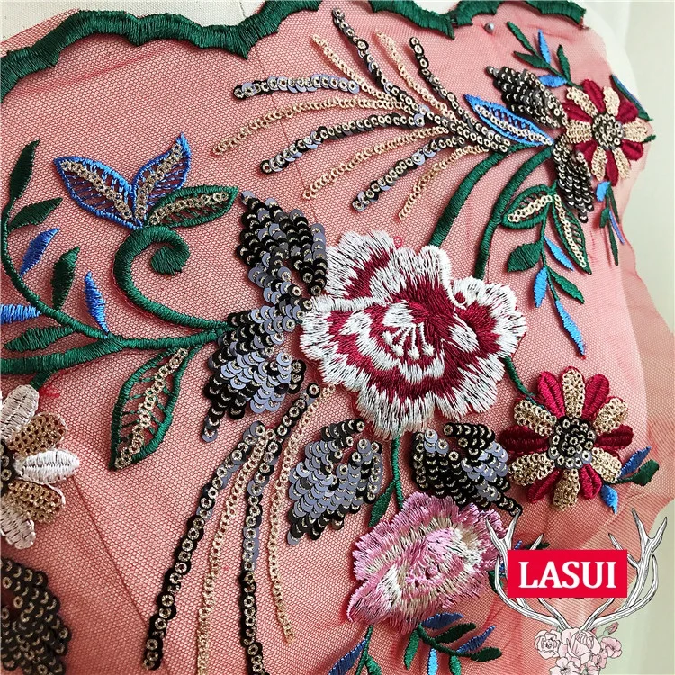 Кружевная аппликация LASUI 33*134 см Цвет черный/золотой с двойными блестками и 3D