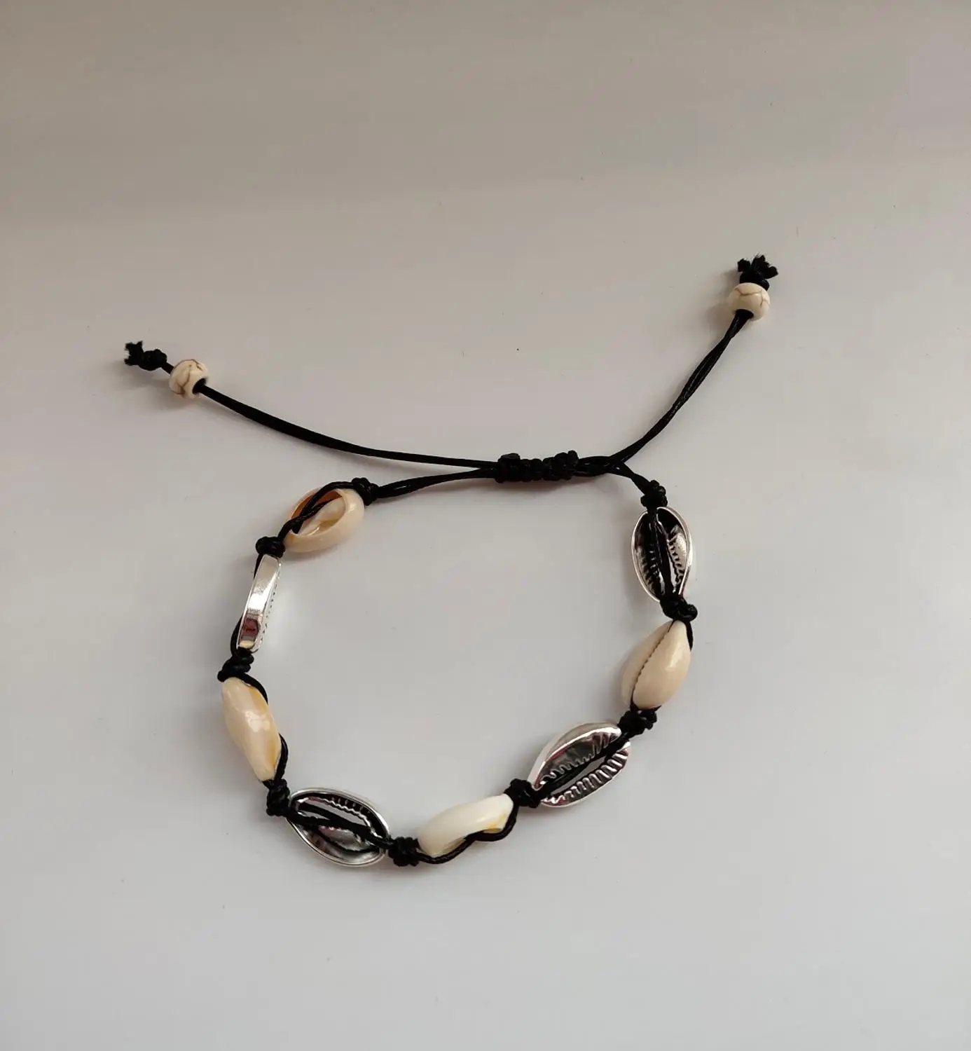 Seashell Anklet natural alloy material bead accessory with Beige and black string rope adjust size | Украшения и аксессуары