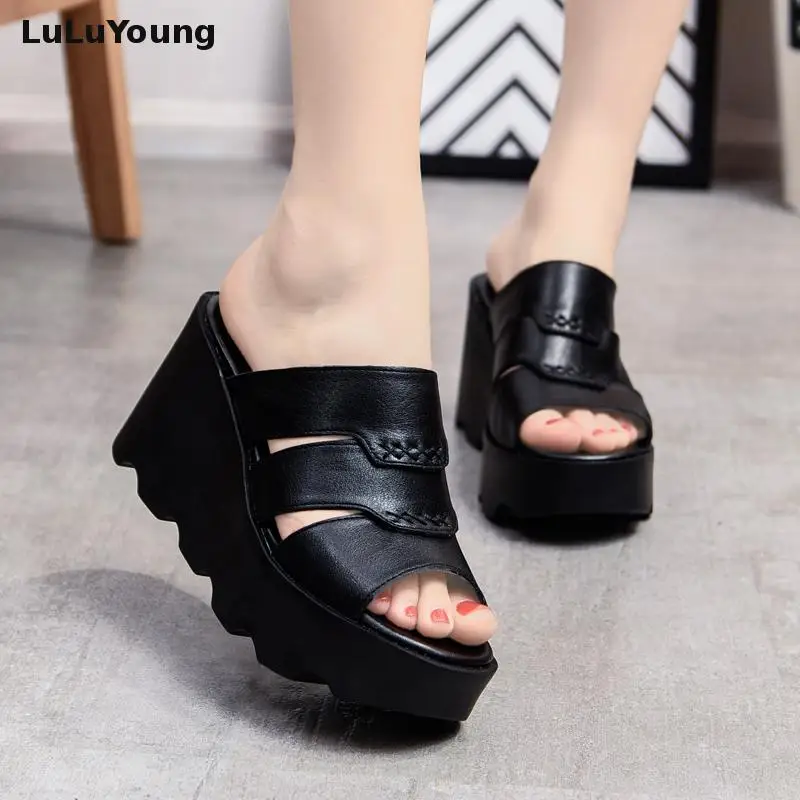 Шлепанцы из натуральной кожи сандалии на высоком каблуке босоножки платформе