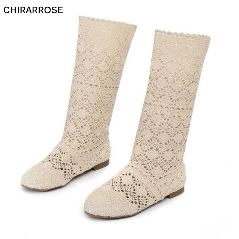 Новинка от CHIRARROSE модные женские вязаные длинные сапоги на плоской подошве крутые