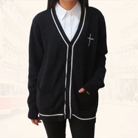 japanese jk knit cardigan clothes long sleeve v neck sweater cross embroidery secondary color black white