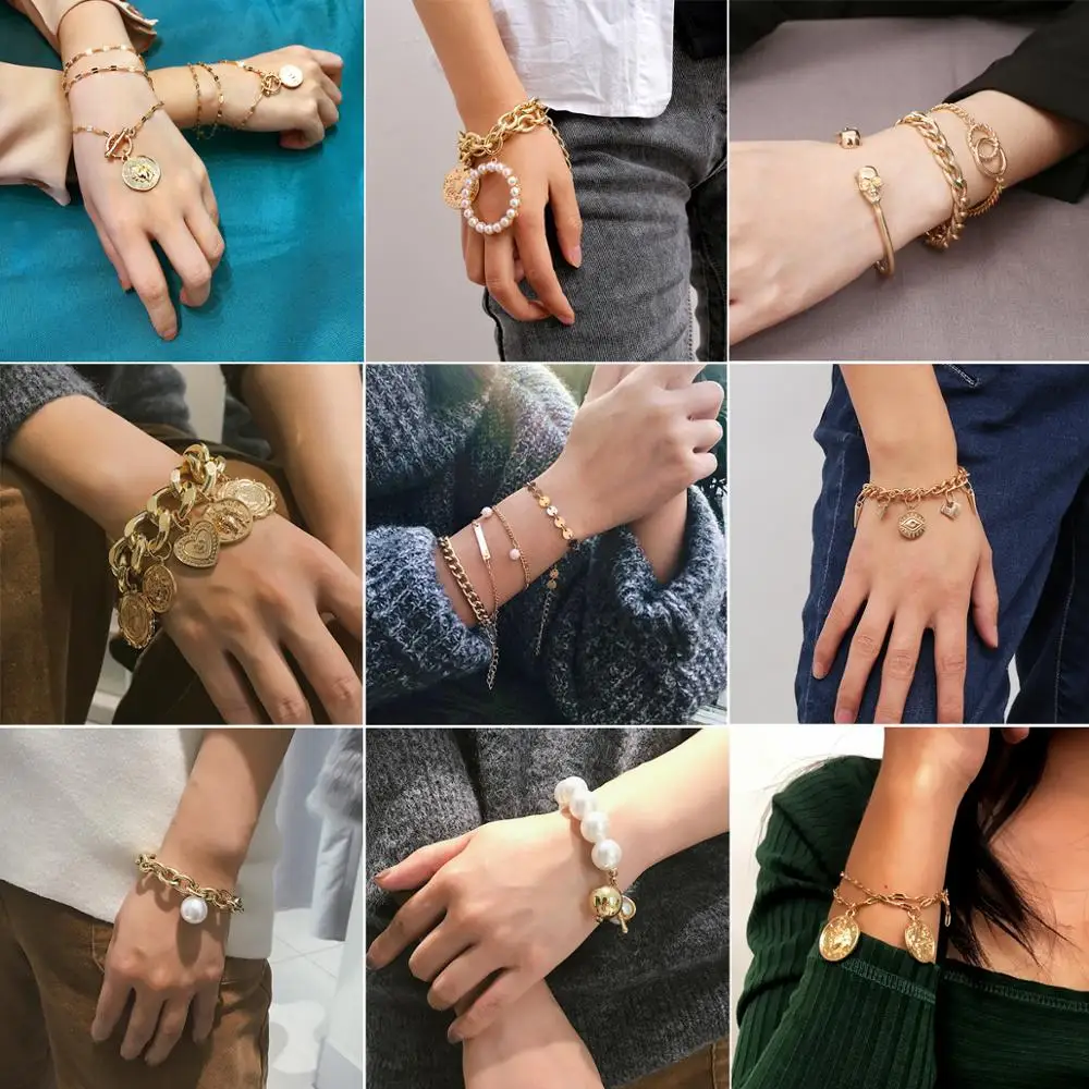 Заявление ювелирные изделия золотые Цвет браслеты сердце череп жемчуг Резная