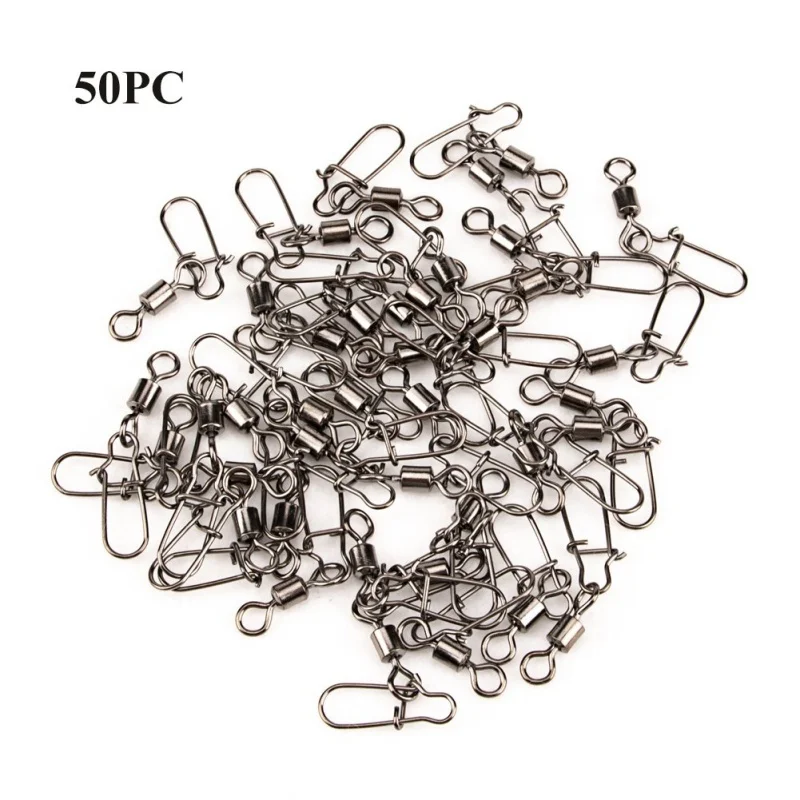 

50PCS/Lot 2# 4# 6# 8# 10# Fishing Connector Fish Pin Bearing Rolling Swivel Stainless Steel with Snap Fishhook Lure Tackle