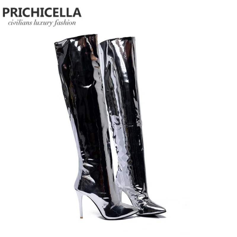 Стильные Серебристые высокие сапоги PRICHICELLA из зеркальной кожи с острым носком на