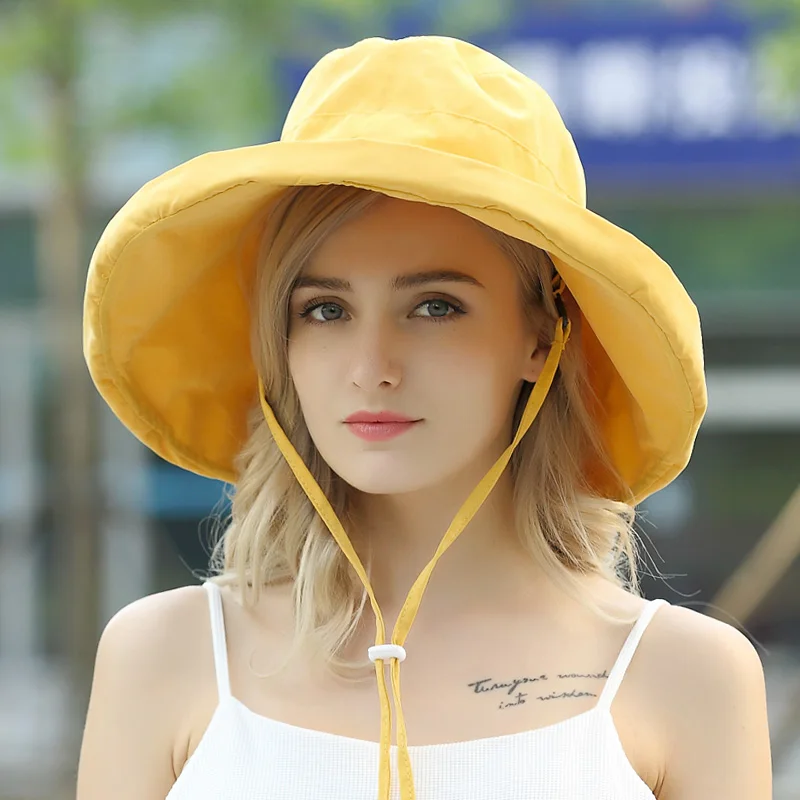 Wide Brim Sunscreen Fisherman Bucket Hat Girl Summer Beach Hats Folding Anti-UV Visor Fisher Cap Female Pure Color Caps H6697