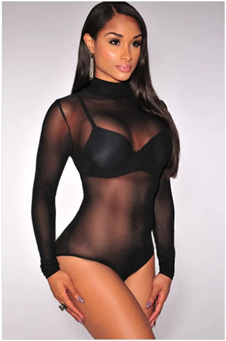 

Sexy Mesh Sheer Turtleneck Bodysuit Leotard Top Women Jumpsuit One Piece Overall Body Top