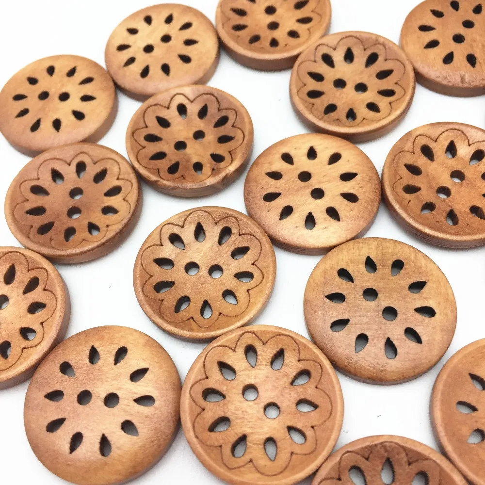 

40pcs 23mm Wood Round Florals Flower Buttons Light Brown Sewing 2 Holes Button Embellishments For Scrapbooking