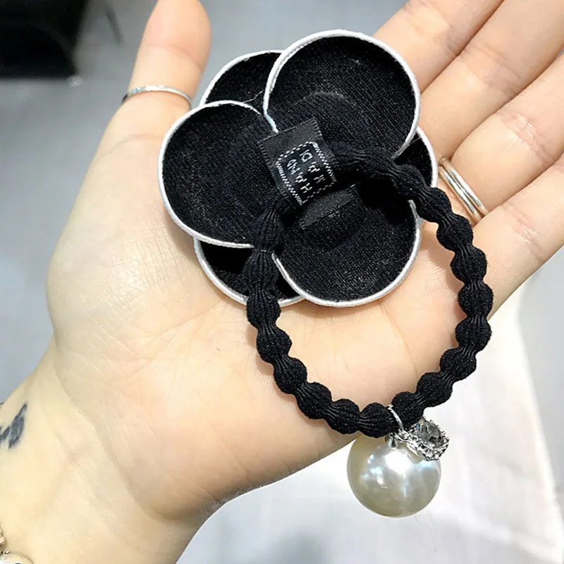 Chic camellia hair ties crystal flower ring/rope pearl pendant elastic band rubber women fashion accessories |