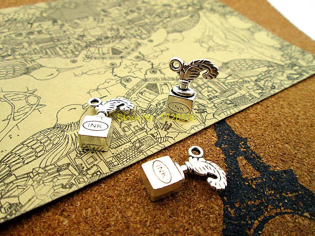 

50pcs Pen Feather Ink Charms, Antique Tibetan silver 2 sided Pen Feather Ink Charms pendants 21x14mm