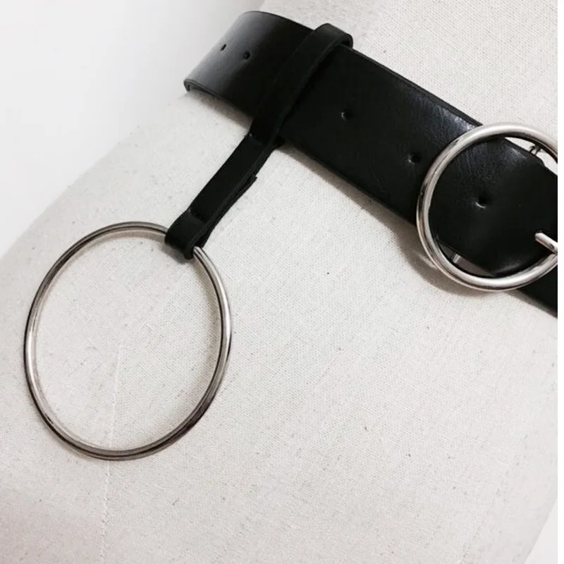 Gold Double Rings Belt For Women Leisure Faux Leather Waist Black Round Buckle Strap Waistband Cinturones Mujer Riem | Аксессуары для