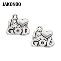 jakongo antique silver plated i love god charm pendants for jewelry accessories making bracelet findings diy 14x14mm