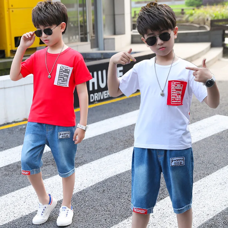 High Quality Boutique Kids Clothing Set Teenage School Boys Sport Suit Cotton Green/red/white Tshirts + Denim Shorts 2 Pcs Sets |