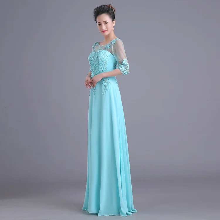Vestido de madrinha de casamento longo Последние Кружева жемчуг и шифон половинные рукава линия бирюзовое платье для подружки неветы дешево
