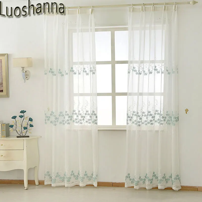 Luoshanna белые синие вышитые цветы занавески для спальни пасторальные шторы тюль