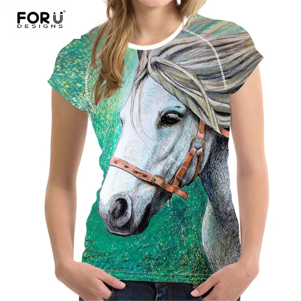 FORUDESIGNS/3D Crazy Horse для женщин на каждый день Новинка Футболка Рубашки девочек Летняя