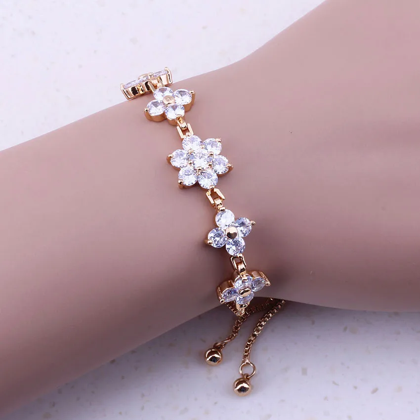 Fancy White AAA Cubic Zircon Yellow Gold Color Adjustable Slide Charm Bracelets For Women Party Trend Fashion Jewelry F0032 | Украшения и